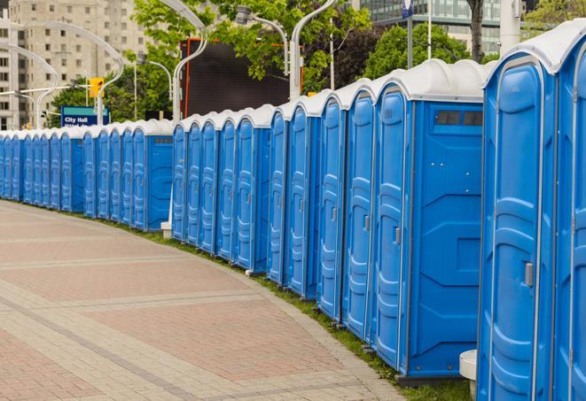 a line of portable restrooms specially designed for weddings and upscale events in Bristow